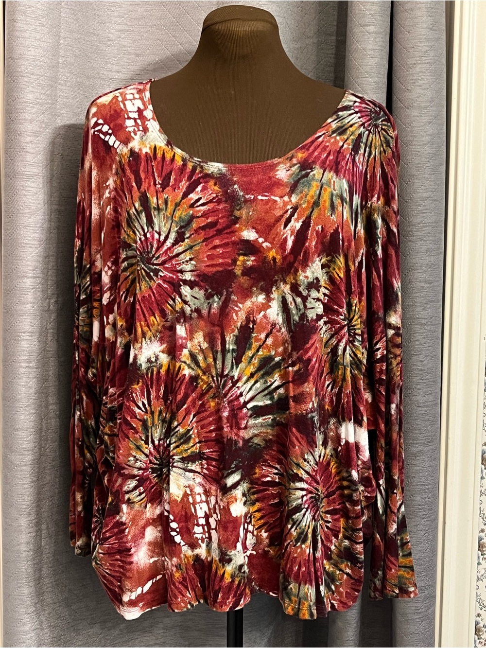 2x Kim & Cami Earthy Tie Dye Starburst Long Sleeve Blouse Scoop Neck Relaxed Fit